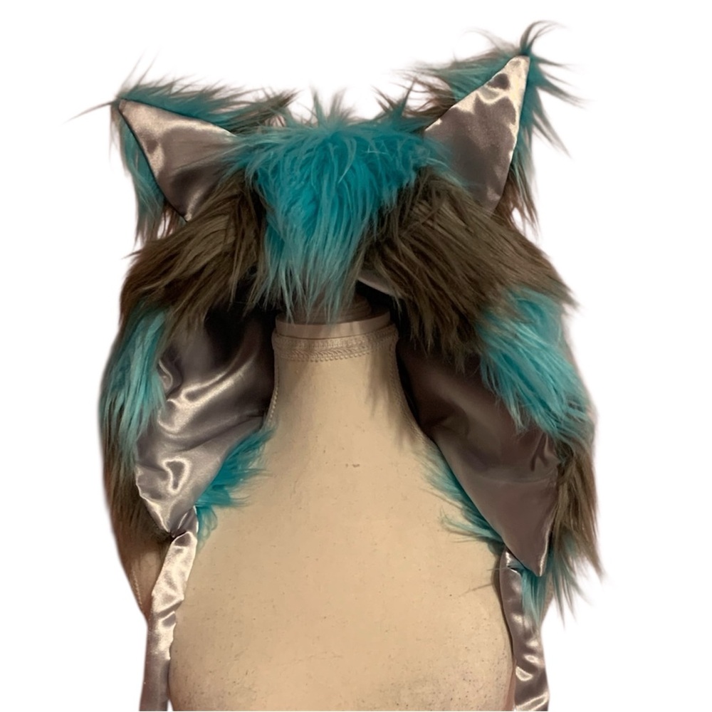 Striped Cat Faux Fur hood - Teal and grey
